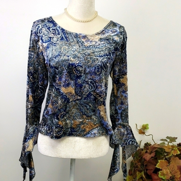 Zoey Beth Crushed Velvet Paisley Boho Top Bell Slv - Picture 1 of 12